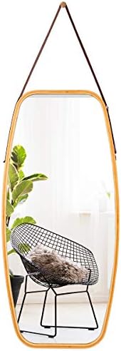 Tangkula Wall Hanging Mirror, Modern Rectangle Wall Bamboo Frame Aluminum Mirror with Rounded Corners & Adjustable Leather Strap, Hanging Wall Mirror for Bedroom Bathroom Living Room (39” X 18”)