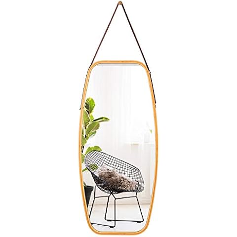 Tangkula Wall Hanging Mirror with Bamboo Frame Cover