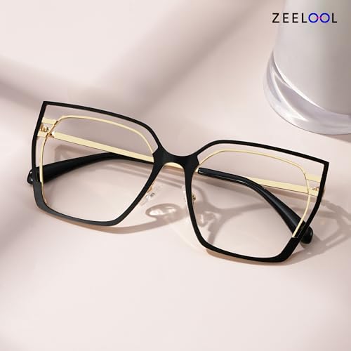Image of Zeelool Square Blue Light Glasses for Women Oversized Metal Eyeglasses Black Designer Eyewear Glasses Anti Eyestrain Quinn JGM663645-05B