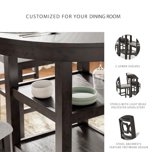 Image of Signature Design by Ashley Round Counter Height Dining Set for 4 | Built-in storage shelves, Beige polyester and foam stools, Solid wood and engineered wood frames, Cherry brown finish