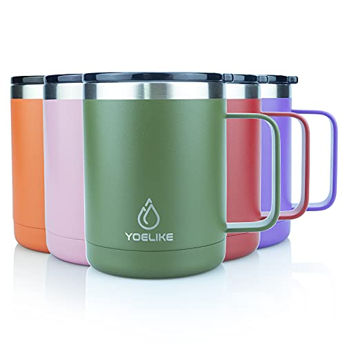 yoelike 14 Oz Coffee Mug with Lid and Handle, Vacuum Insulated Stainless Steel, Dishwasher Safe, Powder Coated, Travel Mug, Camping Mug, Keep Hot/Cold Longer Coffee Tumbler Cup Green