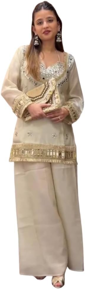 Fendy Silk Mirror Work Kurta Sharara with Dupatta Set For Women, Full Sleeve Ready-to-Wear Ethnic Party & Wedding Outfit