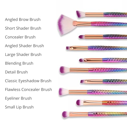 Lizzy 10pc 3D Mermaid Makeup Brushes | Lovely Gradual Cosmetic Brushes for Eyeshadow, Eyeliner, Blush, Blending, Eyeliner, Small Lip, Shader Brush (Rose Gold)
