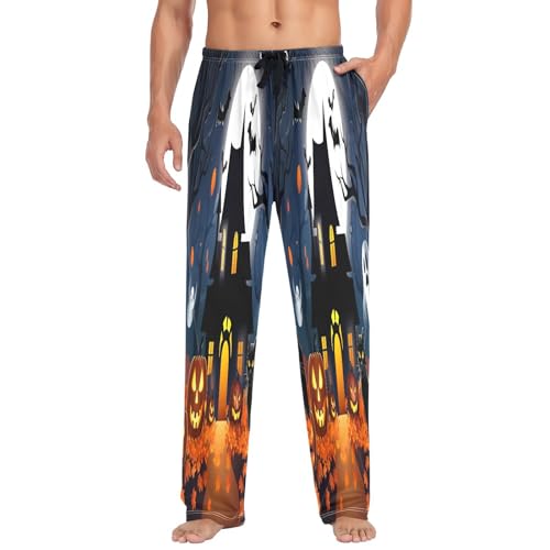 Qilmy Castles & Halloween Pumpkins Men's Cotton Pajama Pants, Lightweight Lounge Sleepwear with Drawstring and Pocket