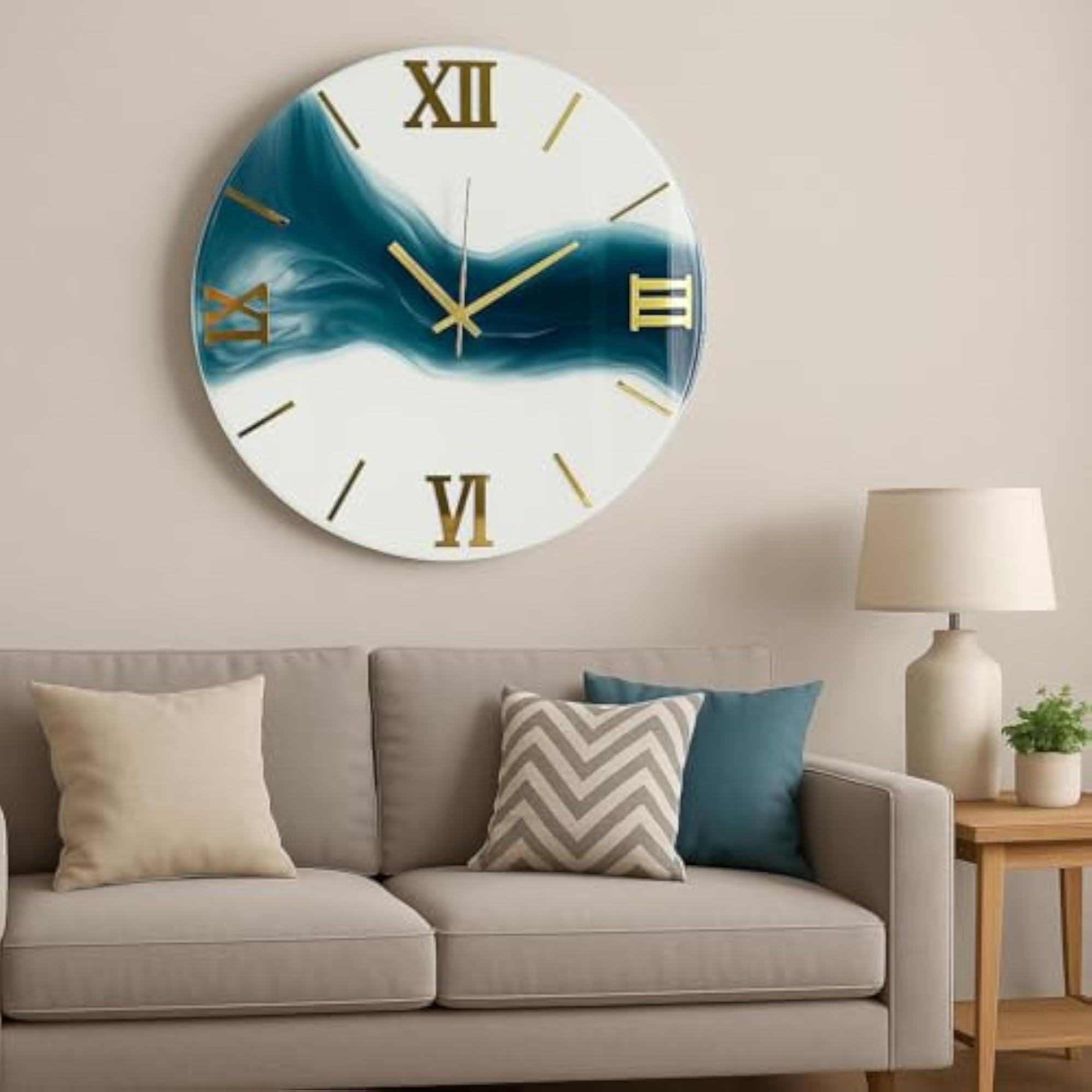 Grownick Modern Wave Design Wall Clock, Teal & White