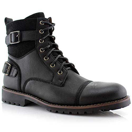 Polar Fox Patrick MPX808583 Mens Casual Cap Toe Buckle High-Top Motorcycle Work Biker Combat Boots Black