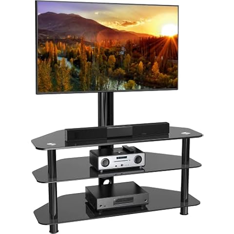 Swivel Corner Floor TV Stand with Mount for 32 37 43 47 50 55 60 65 inch Flat Curved Screen TVs, Adjustable 3-Tier Tempered Glass Storage Television Stand with Cable Management, Max VESA 600X400mm Cover