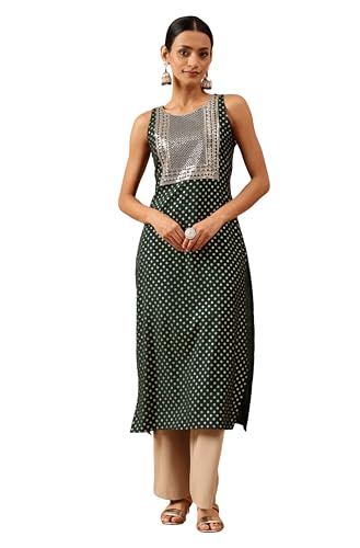 Kurta femme vert foncé Janasya en soie mélangée brodée zari