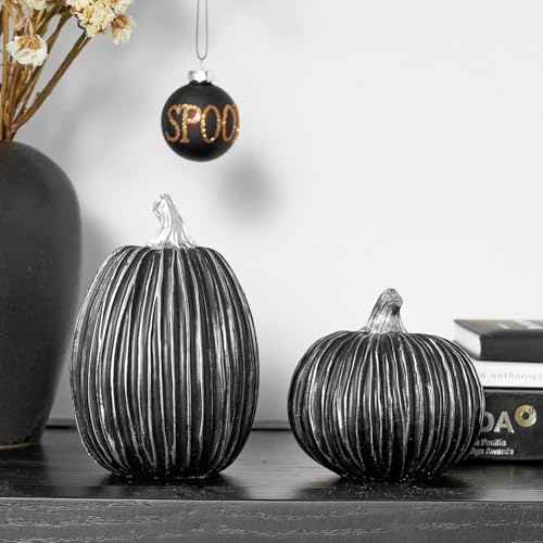 DN DECONATION Decorazioni a zucca per autunno e Halloween, decorazioni per la casa per interni, zucche finte nere e argentate - Centrotavola autunnale di Halloween, confezione da 2 zucche in resina