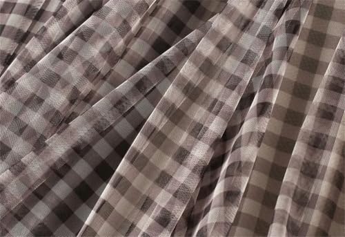 Women Vintage Plaid Striped Mesh High Waist Casual Midi Long Skirt A-Line Elegant Skirts4