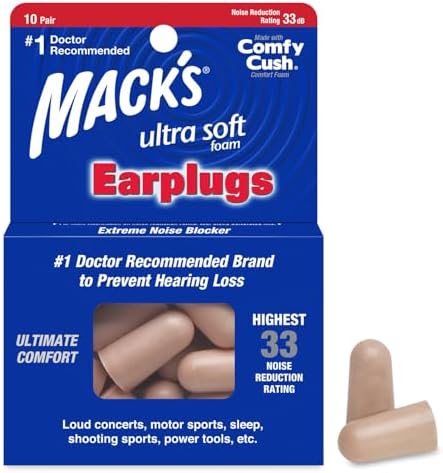Mack's Ultra Soft Foam Earplugs, 10 Pair - 32dB Highest NRR, Comfortable Ear Plugs for Sleeping, Snoring, Work, Travel and Loud Events