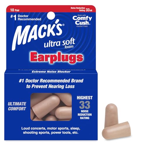 Mack's Ultra Soft Foam Earplugs, 10 Pair - 33dB Highest NRR, Comfortable Ear Plugs for Sleeping, Snoring, Work, Travel and Loud Events