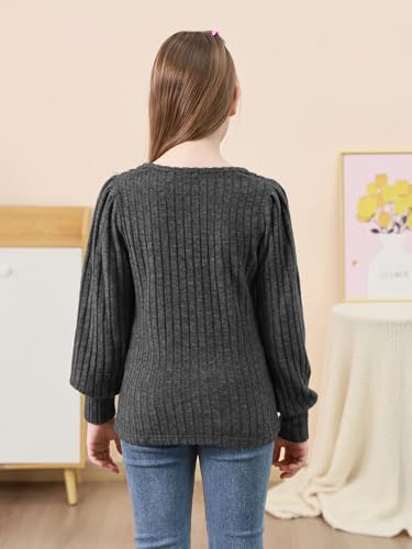 GORLYA Girls Square Neck Trendy Puff Long Sleeve Shirts Kids Ribbed Knit Tops Blouses 6-16Years2