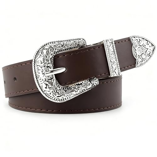 QIQILUXI Western Belt for Women Men Cowboys Cowgirls Carving Buckles Belts for Jeans Pants (Coffee-Silver Buckle, Fit waist size: 34–36 inch)