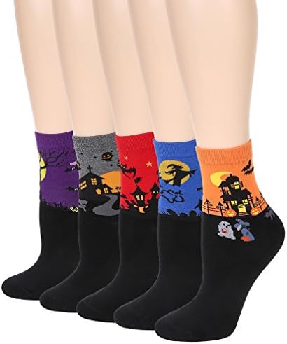 Leotruny Women's Halloween Colorful Cotton Socks 5-pack (Women shoe size:5-9, 5pairs-Multicolor)