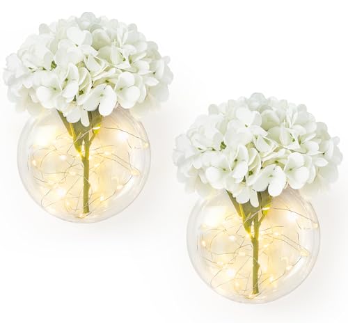 Mkono Wall Decor with White Artificial Hydrangea Flowers and Fairy Light 2 Packs Glass Wall Planter Vase Modern Wall Sconces for Living Room Bedroom Kitchen Home Office Farmhouse Decoration