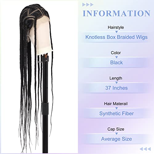 Kalyss 37 Inches Full Double Lace Front Knotless Box Braided Wigs With Baby Hair For Black Women, Synthetic Lace Frontal Middle Tiny Braids Large Square Knotless Braid Wigs #TOP1