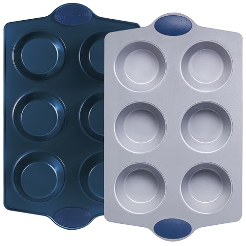 BRONYPRO 2-Pack 6-Cup Non Toxic Nonstick Ceramic Jumbo Muffin Pan & Cupcake Tin, PFOA & PFOA Free, Rust-Resistant Aluminized Steel, Oven Safe, Blue