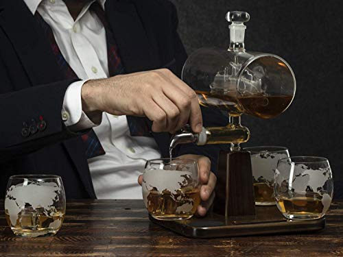Whiskey & Wine Decanter Gifts For Men & Dad, Ship Decanter 1000Ml, Set With 4 Globe Drinking Glasses - Cool Liquor Dispenser For Home Bar Unique Birthday Gift Ideas From Wife, Daughter, Son Present #TOP7
