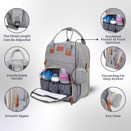 Image of Diaper Bag Backpack with Built-in Changing Station,Large Capacity Waterproof Mummy Bag with Bassinet,Insulated Pockets,Laptop Compartment & Organizer for Baby Essentials Travel,Unisex-Grey