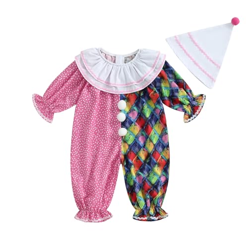 Aifawile Toddler Halloween Outfits Baby Boy Girl Clown Costume Romper Contrast Color Long Sleeve Jumpsuit Hat Smocked Outfits (Pink, 3-4T)