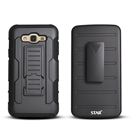 Galaxy Express Prime Case, Starshop [Heavy Duty] Dual Layers Kickstand Case with [0.33m 9H Tempered Glass Screen Protector Included] and Locking Belt Clip (Black)