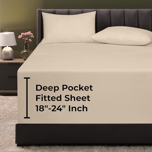 Image of Royale Linens Extra Deep Pocket Twin Fitted Sheet Only - Twin Size Deep Pocket Sand Fitted Sheet - Fits 18 inch to 24 inch Thick Mattress - Soft & Breathable Elastic Sheets (39x75 Inches, Sand)