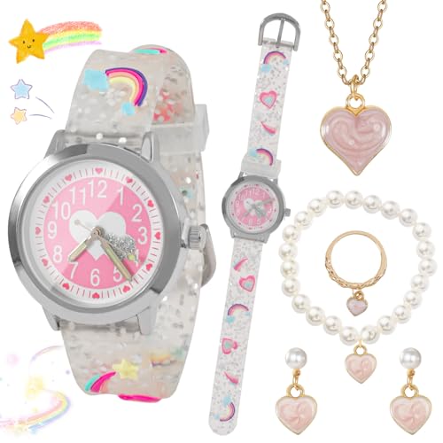 Kinder Uhr Kinderuhren für Mädchen Rosa Herz Uhr Armbanduhr Kinder 3D Cartoon Mädchenuhr Nette Armbanduhr Wasserdichte Kinderuhr Kind Analoge Quarzuhr Kinderuhren mit Schmuckset für 3-10 Jahre