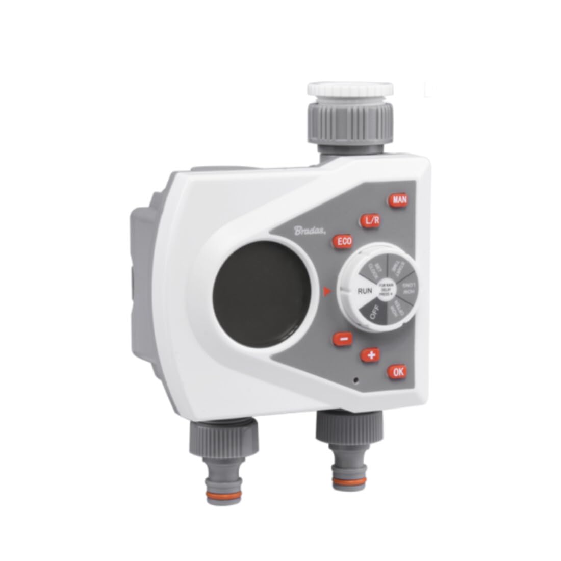 BRADAS - WHITE LINE, Centralina Elettronica Irrigazione 2 Vie, Temporizzatore manuale o automatico, Microirrigatori Orto e Giardino, Attacco rubinetto filettatura interna 1" e riduzione da 3/4"