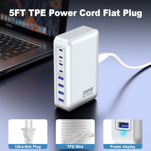 USB C Charger 200W Charger Block, 8-Ports Gan Fast Charging Station Hub, PD 65W Laptop Charging Adapter Compatible with MacBook Pro/Air, DELL, Steam Deck, iPhone 17/16/15/14, Galaxy (White) — view 3