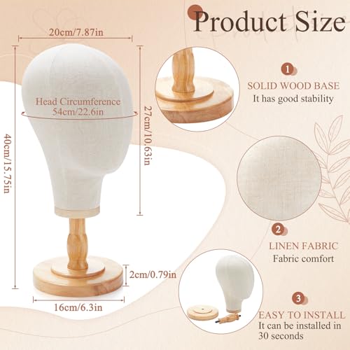 RattanView 2 Pcs Wig Stand with Head 23 Inch Linen Mannequin Head with Wooden Stand Canvas Mannequin for Hats Wigs Caps Headdress Home Store Hair Salon(Beige) - Thumbnail 2