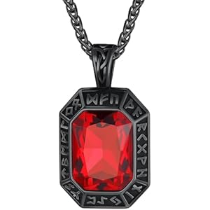 ChainsHouse Viking Rune Pendant Necklace for Men Women, Punk Biker Black Metal/316L Stainless Steel Onyx Norse Vintage Amulet Necklaces with Black/Red/Green/Blue Gemstone, Send Gift Box E: C