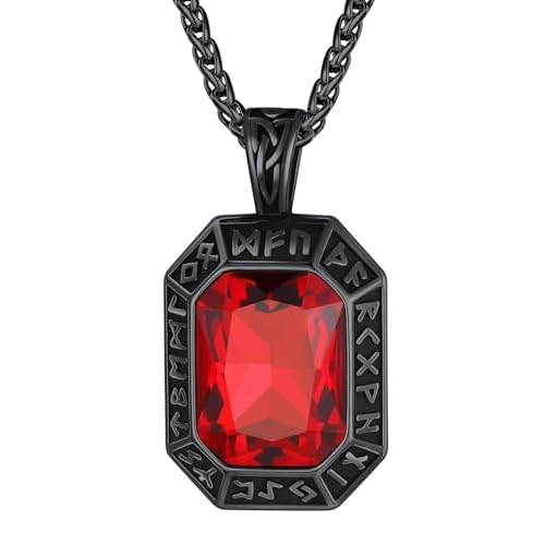 ChainsHouse Viking Rune Pendant Necklace for Men Women, Punk Biker Black Metal/316L Stainless Steel Onyx Norse Vintage Amulet Necklaces with Black/Red/Green/Blue Gemstone, Send Gift Box E: C