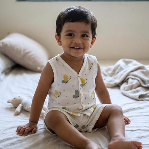 Image of The Boo Boo Club Muslin Jhabla and Short Set 100% GOTS Certified Organic Cotton | Sleeveless Button Vest | Summer Wear Set