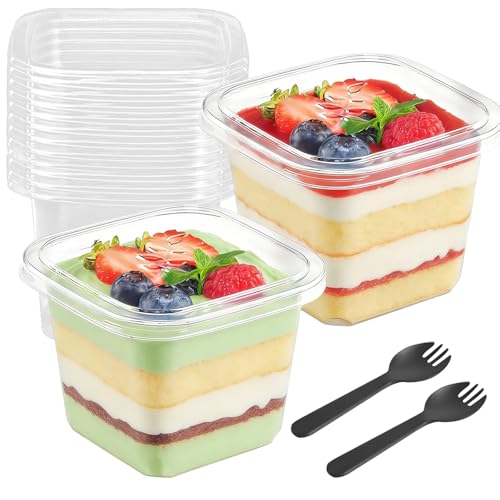 Lot de 50 gobelets à dessert en plastique avec couvercle - 360 ml - Verres à dessert carrés - Avec cuillères - Réutilisables - Parfaits pour les desserts...