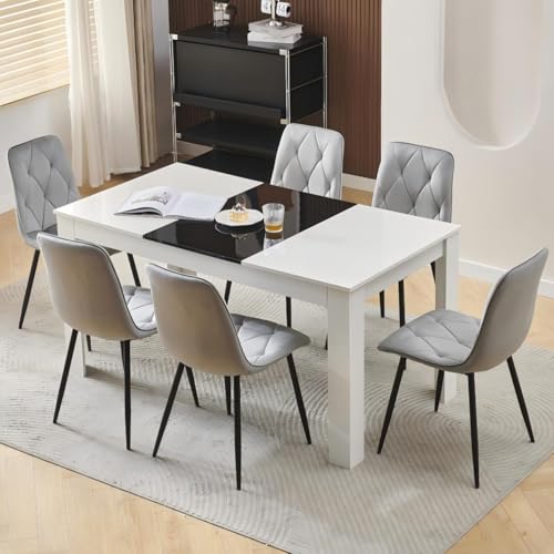 Homullel 150 cm Dining Table and 6 Chairs, 6 Seater Table and Chairs Set, Kitchen Dining Room Set for 6, Compact, Space Saving (Velvet Diamond Grey #5, 150cm, 6 Seats)