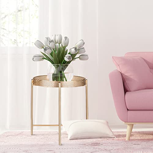 Jengryoe Metal End Table, Sofa Table Small Round Side Tables, Anti-Rust And Waterproof Accent Coffee Table,Foldable Removable Tray Design, For Living Room Bedroom Balcony Patio And Office (Gold) #TOP5