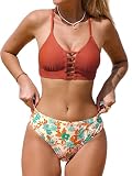 CUPSHE Damen Bikini Set Riemchen Zierausschnitt Mid Waist Blumenmuster Bademode Zweiteiliger Badeanzug Swimsuit Ziegelrot/Blumen XL