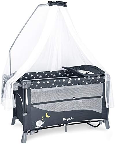 Heyo.Ja Portable Baby Playard, 4 in 1 Pack and Play, Baby Bedside Sleeper with Bassinet, Changing Table, Foldable Bassinet Bed with Luxury Mosquito Net for Boys Girls Infant(Gray)
