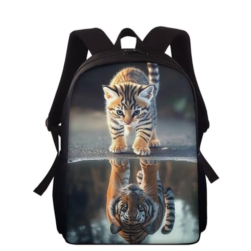 Showudesigns Cat Reflector Tiger School Bags for Girls Boys Backpack Secondary Elementary Student Book Bag with Water Bottle Holder Kids School Bag Small 15inch Cute Daypack