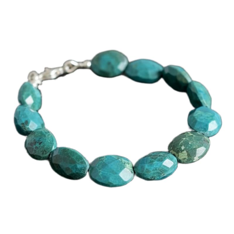 Bracelet en chrysocolle naturelle verte ovale à facettes de 19 cm fait main