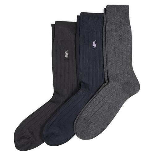 Polo Men's Mercerized Cotton Ribbed Slack Socks 3 Pair Pack, Charcoal, Men's Shoe Size 6.5-12