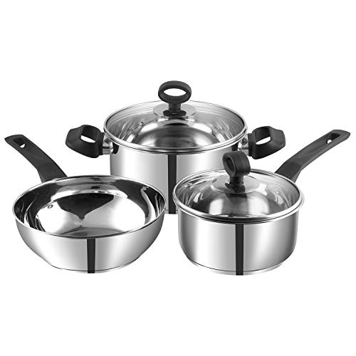 Vinod Stainless Steel Induction Friendly Trento Cookware set-3-Pieces, Saucepan (16cm/1.5 Litre), 1- Piece Saucepot (20 cm/ 3 Litre), 1- Piece Deluxe kadai(20 cm/ 1.5 Litre)