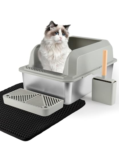 Stainless Steel Cat Litter Box with Lid, Extra Large for Multi-Cat Households, Easy Clean, Non-Sticky, Anti-Leakage, Includes Scoop and Mat