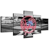 Neon effect Yankees Sign With New York Baseball Stadium B&W Panoramic Poster (5-Panel Framed Canvas Printing Full Size: 80X150cm) Home Decor Man Cave Wall Art