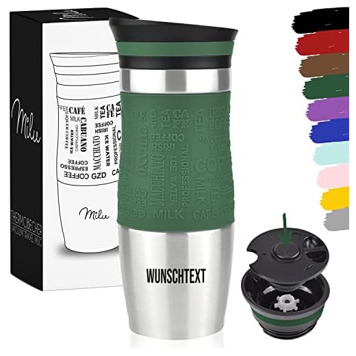 Milu Thermobecher 370ml mit Gravur - als Geschenk-Idee Ostern, Vatertag, Muttertag, Weihnachten, Einschulung, Liebesgeschenk, Geburtstag, Frauen und Männer Mama Papa Kinder (Olivgrün + Gravur)