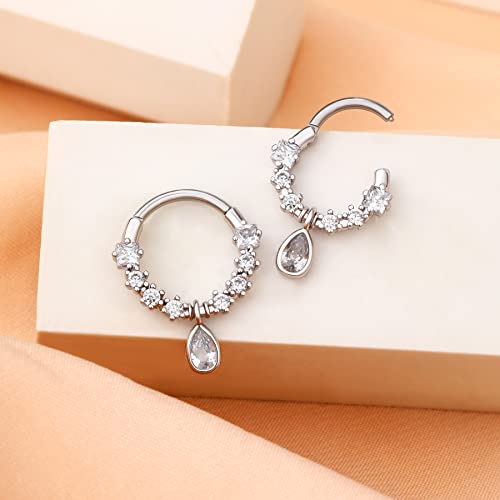 Melighting 16G Septum Jewelry Teardrop Dangle Septum Rings Women 316L Stainless Steel Clear Cz Daith Earrings Helix Earrings Cartilage Tragus Earring Piercing Jewelry For Men #TOP3