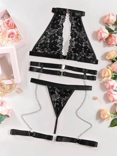 Image of Foxiny Sexy Halter Heart Ring Cutout Chain Floral Lace Sheer Garter Belt Lingerie Set 3 Piece