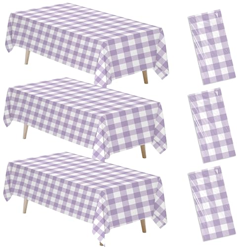 Suhelkit Light Purple Gingham Party Tablecloth Decorations, 3 Pcs 55 x 86in