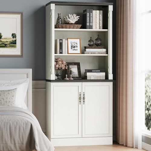 Image of 71'' Tall Bookshelf with Doors, Bookcase Storage Cabinet with 5-Tier & Adjustable Shelves, Wooden Deep Book Shelf for Living Room, Office, Antique White